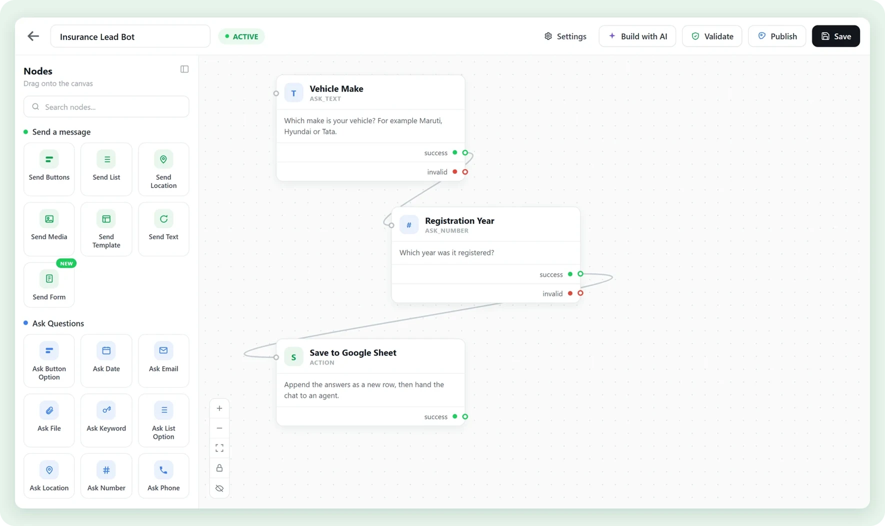The Waplify chatbot builder with an active Insurance Lead Bot: it asks the customer which vehicle they have, then the registration year, saves both answers to a Google Sheet and hands the chat to an agent