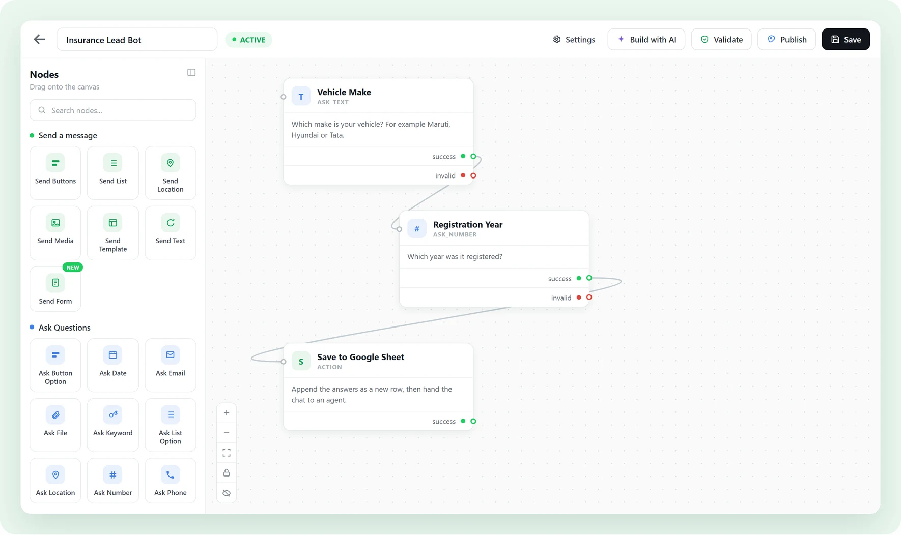 The Waplify flow builder: a node palette of Send and Ask blocks on the left, and a published bot on the canvas asking for a vehicle make and registration year, each node branching on success or invalid, ending in a Save to Google Sheet action