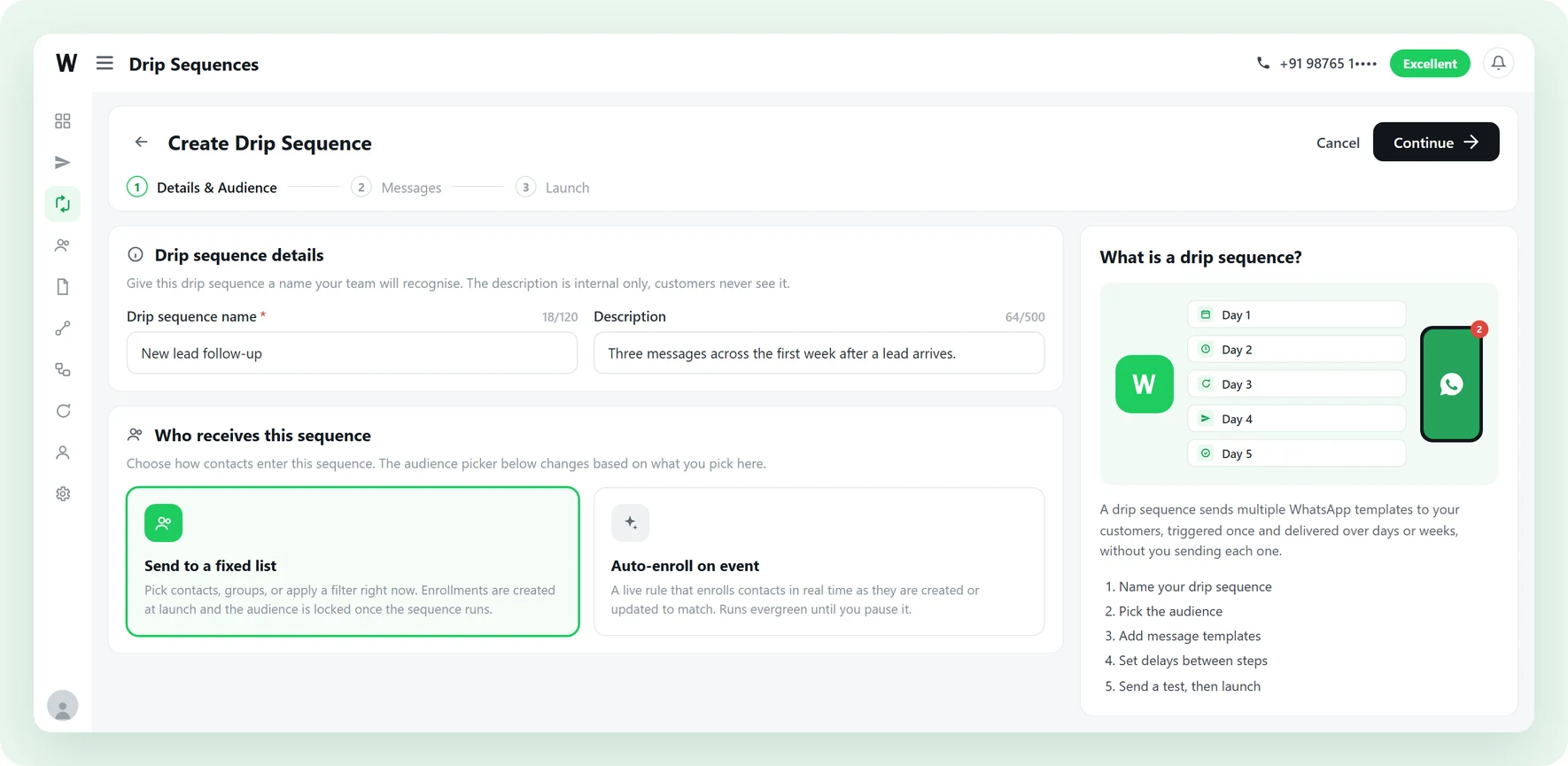 The Waplify drip sequence wizard on step one of three: a named sequence with its internal description, and two audience choices side by side, Send to a fixed list selected and Auto-enroll on event beside it, with an explainer panel showing messages going out on day one through day five
