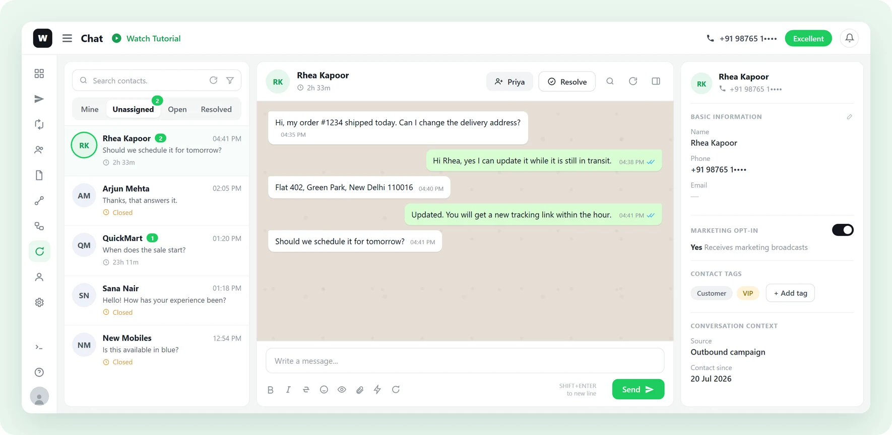 The Waplify team inbox: a conversation list with Mine, Unassigned, Open and Resolved tabs and a live duration on each chat, the open conversation assigned to an agent named Priya with a Resolve button beside it, and the contact panel showing marketing opt-in, tags and the campaign the contact came from