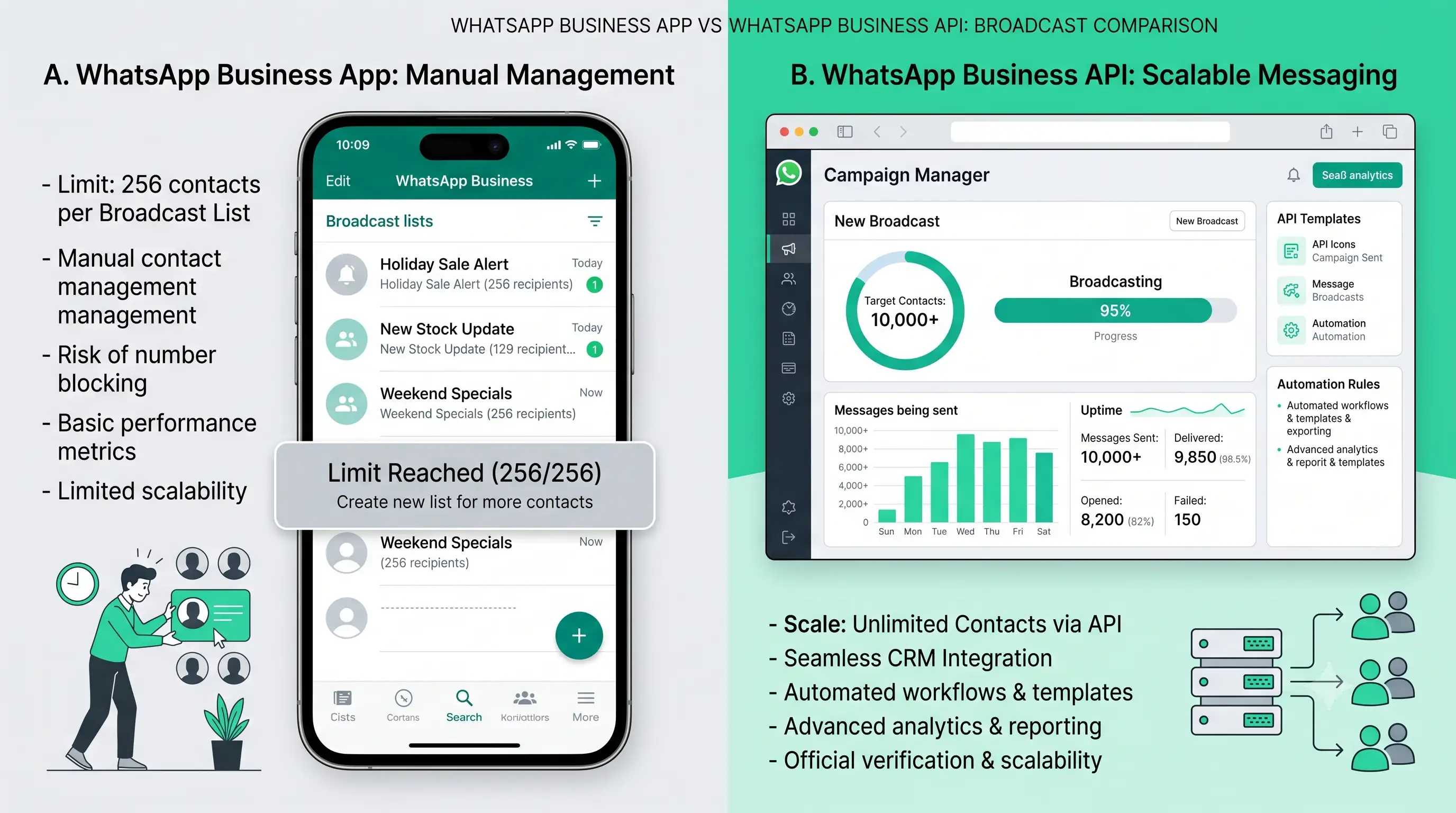 Side-by-side comparison of WhatsApp Business App manual broadcast management with a 256-contact limit versus WhatsApp Business API scalable messaging with 10,000+ contacts and campaign analytics