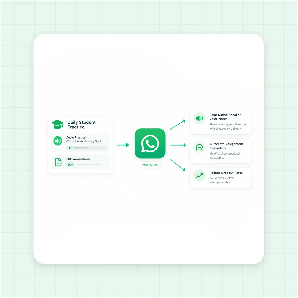 WhatsApp Audio Practice Drops and PDF Worksheets Flow for Language Academies