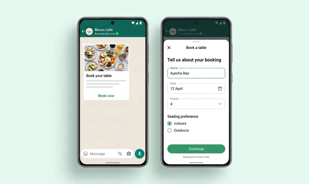 A WhatsApp chat with a Book now button beside the same chat with the booking form open, showing name, date, guests and seating preference fields