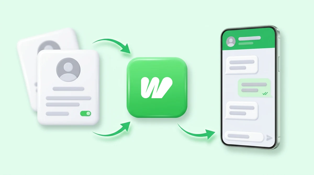 A CRM record passing into Waplify and out as a WhatsApp message on a phone