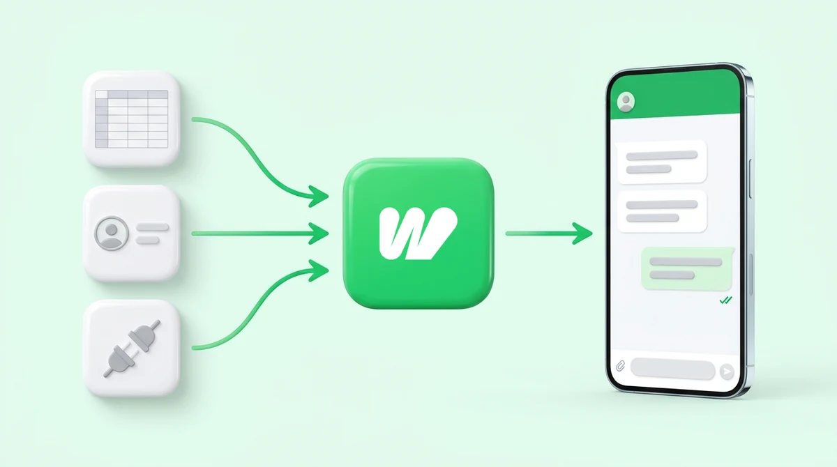 Three connected tools feeding into Waplify and out to a WhatsApp message on a phone