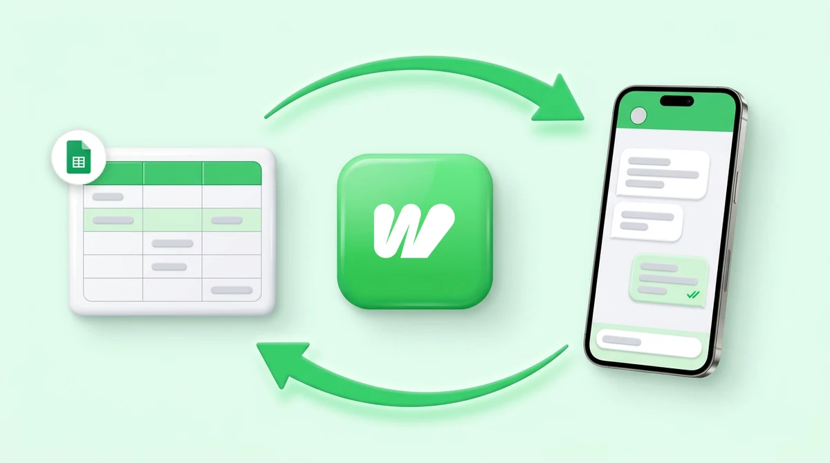 A Google Sheets row triggering a WhatsApp message through Waplify, and the flow writing back to the sheet